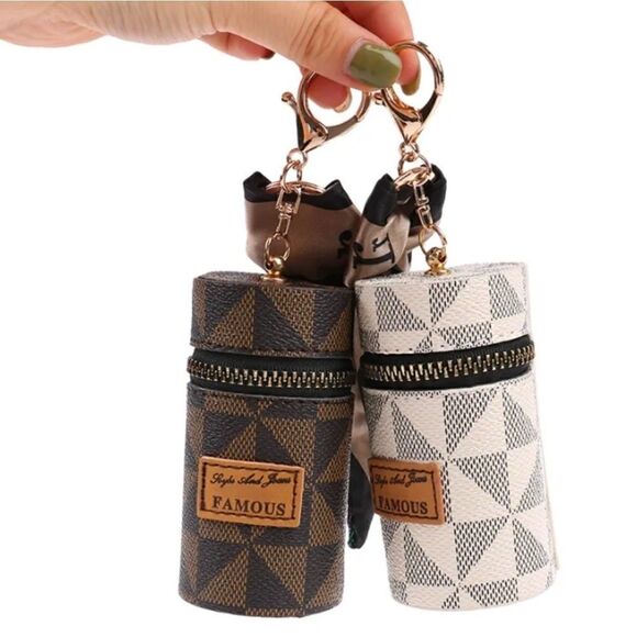 New Luxurious Lipstick Organizer/Coin Purse Keychain Brown Checkered Geo… - Picture 3 of 3